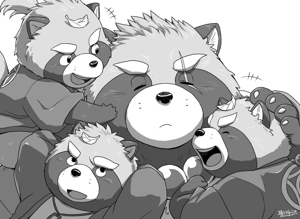 2021 anthro canid canine clothed clothing eyes_closed group gyobu gyobu's_underlings hijirinoyuta humanoid_hands kemono leaf male mammal monochrome raccoon_dog scar simple_background size_difference slightly_chubby tanuki tokyo_afterschool_summoners video_games white_background young