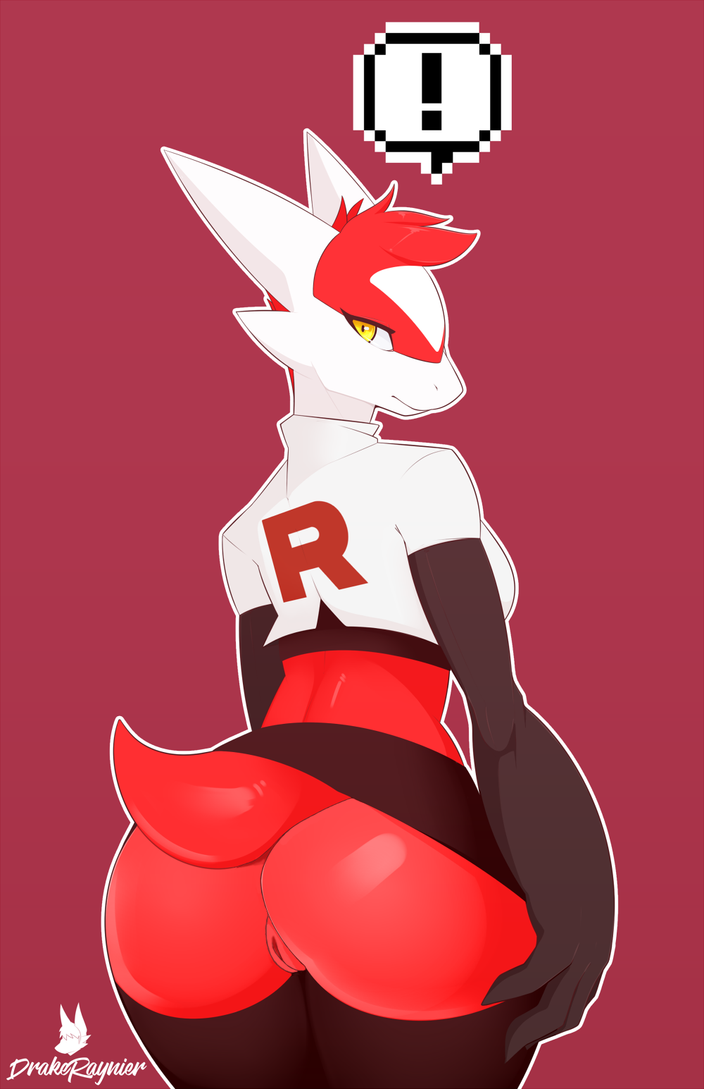 ! anthro anthrofied big_butt bottomwear breasts butt butt_focus clothing crop_top drakeraynier edit female genitals gloves hair handwear hi_res latias legendary_pok&eacute;mon legwear looking_at_viewer looking_back miniskirt nintendo pinup pok&eacute;mon pok&eacute;mon_(species) pok&eacute;morph pose pussy rear_view red_hair shirt short_jacket simple_background skirt skyela_(drakeraynier) solo stockings team_rocket text text_on_clothing thigh_highs topwear video_games yellow_eyes