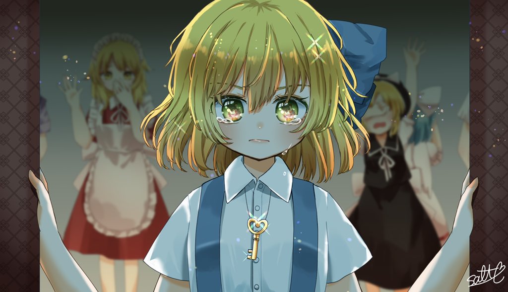 1girl alice_margatroid alice_margatroid_(pc-98) blonde_hair blue_dress blue_hairband closed_mouth crying crying_with_eyes_open dress green_eyes grey_background hair_ornament hairband key looking_at_viewer open_door sad salt_(seasoning) short_hair short_sleeves solo suspenders tears touhou touhou_(pc-98) yellow_eyes yuki_(touhou) yumeko_(touhou)