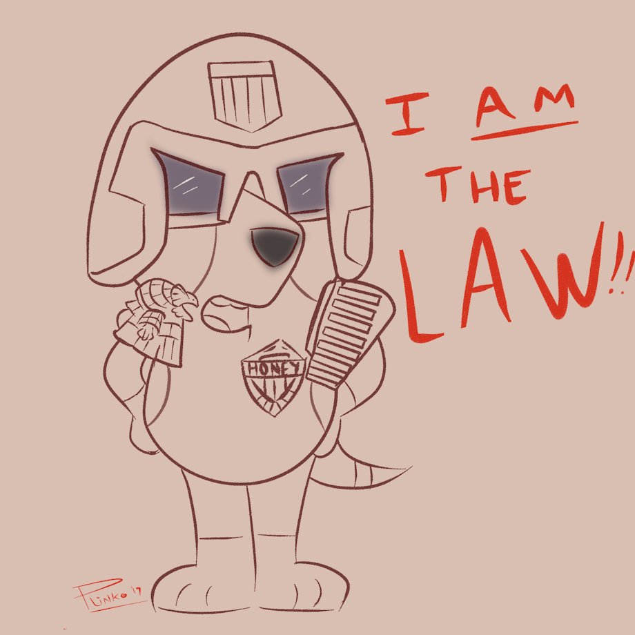 armor badge beagle bluey_(show) canid canine canis crossover digital_sketch domestic_dog female hands_on_hips headgear helmet honey_(bluey) hunting_dog judge_dredd mammal parody plinko scent_hound shoulder_guards simple_background sketch solo text underline yelling