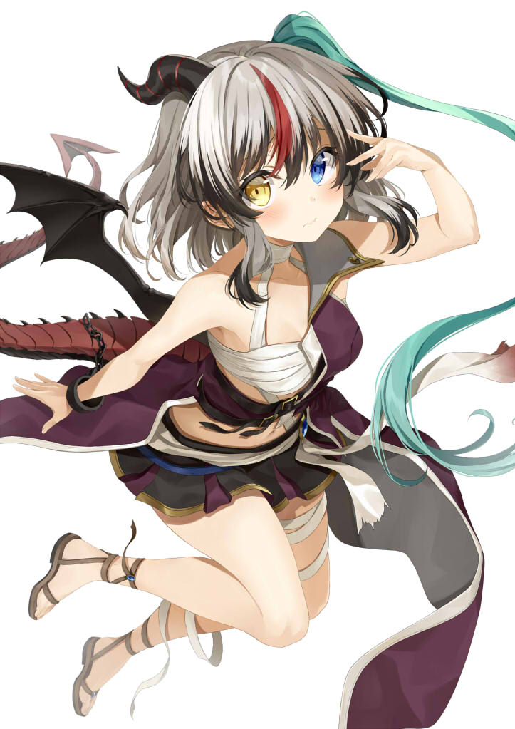 1girl aqua_hair armpits asymmetrical_hair bandaged_leg bandages bare_shoulders black_hair blue_eyes blush brown_footwear chain chimera closed_mouth coat commentary_request cover cover_page cuffs dragon_girl dragon_horns dragon_tail dragon_wings embarrassed from_above gold_trim grey_hair heterochromia horns kakao_rantan legs_up long_hair looking_at_viewer midriff miniskirt monster_girl multicolored multicolored_clothes multicolored_hair multicolored_skirt navel novel_cover novel_illustration official_art purple_coat raised_eyebrows red_hair rose_(sentouin_haken_shimasu!) sandals sentouin_haken_shimasu! shackles shadow side_ponytail sidelocks simple_background single_bare_arm single_horn single_wing single_wrist_cuff skirt solo stomach streaked_hair tail v wavy_mouth white_background wings wrist_cuffs yellow_eyes