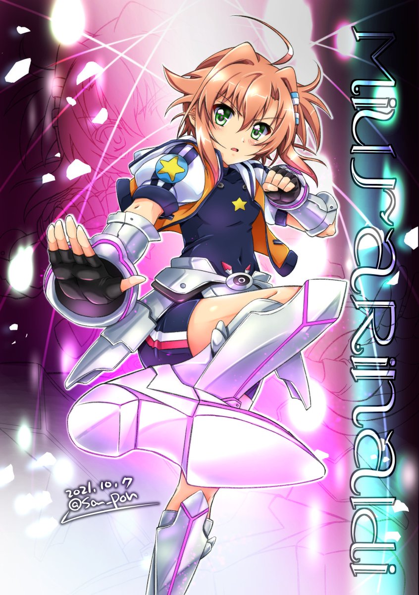 1girl ahoge artist_name black_bodysuit black_gloves blush bodysuit breasts character_name commentary_request covered_navel dated fingerless_gloves gloves green_eyes highres looking_at_viewer lyrical_nanoha mahou_shoujo_lyrical_nanoha_vivid miura_rinaldi open_mouth orange_hair san-pon shiny shiny_hair short_hair small_breasts solo