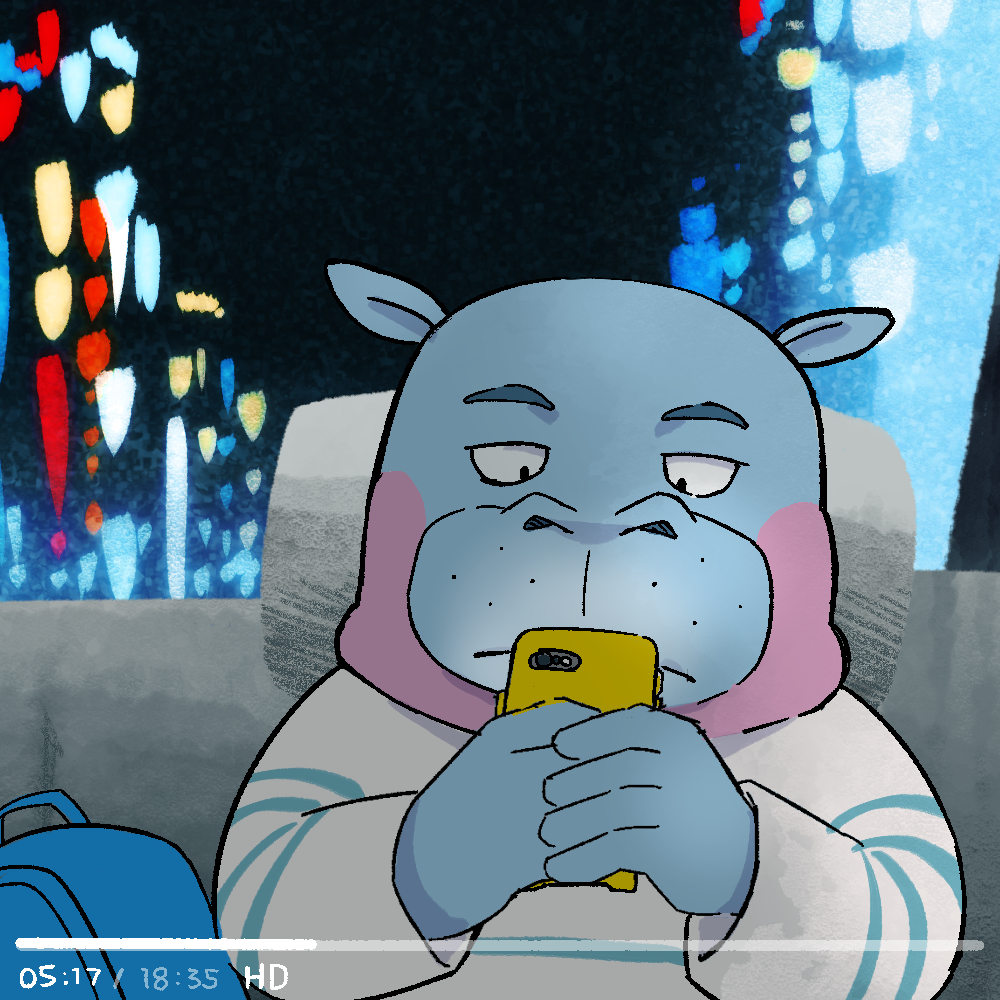 2021 anthro blue_body car cellphone clothing common_hippopotamus hippopotamid humanoid_hands inside_car male mammal night odd_taxi phone shirt sitting smartphone solo taichi_kabasawa_(odd_taxi) takichizento topwear vehicle