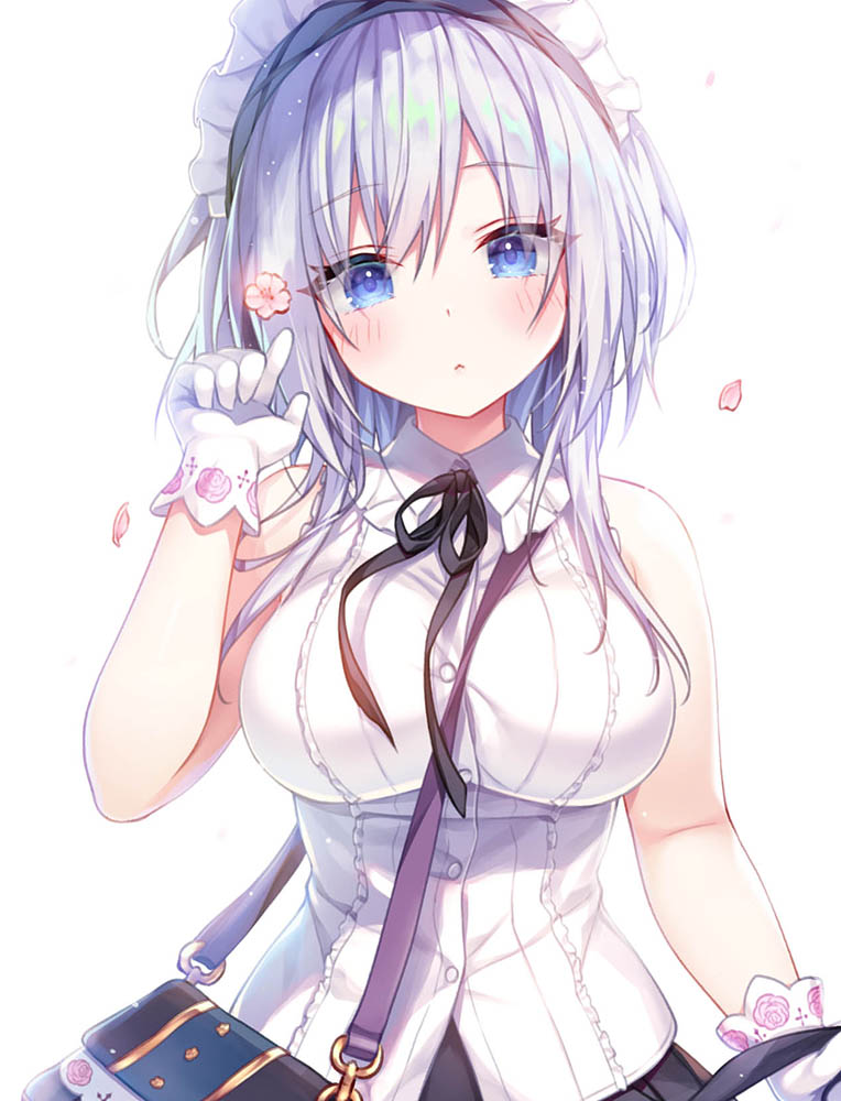 1girl :&lt; bag bangs banned_artist bare_shoulders black_neckwear blue_eyes blush breasts eyebrows_visible_through_hair falling_petals floral_print flower flower_request gloves hair_flower hair_ornament hand_up handbag index_finger_raised konomi_(kino_konomi) large_breasts long_hair looking_at_viewer maid_headdress original petals pink_flower shirt silver_hair simple_background solo symbol_commentary upper_body white_background white_gloves white_shirt