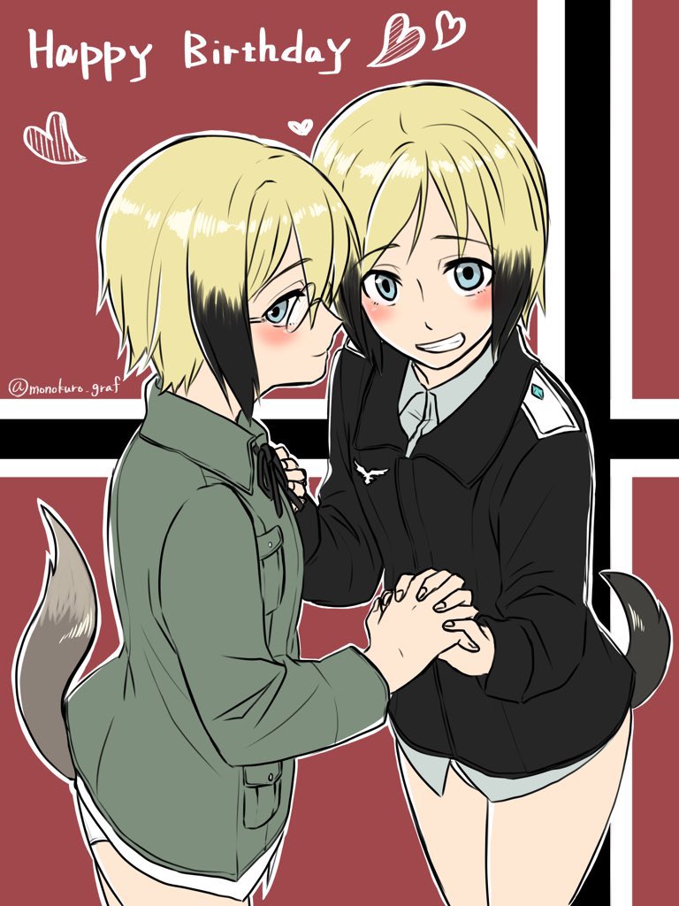 2girls bare_legs black_hair blonde_hair blue_eyes blush erica_hartmann german_flag glasses heart holding_hands looking_at_viewer military military_uniform monokuro_graf multiple_girls smile strike_witches tail twitter_username uniform ursula_hartmann world_witches_series