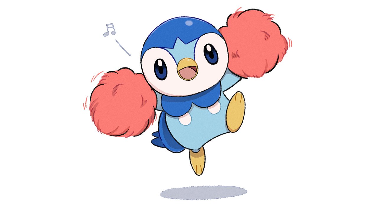 blue_eyes commentary_request creature gen_4_pokemon holding holding_pom_poms jumping leg_up looking_at_viewer musical_note no_humans official_art open_mouth piplup pokemon pokemon_(creature) pom_poms prj_pochama smile solo starter_pokemon toes tongue white_background