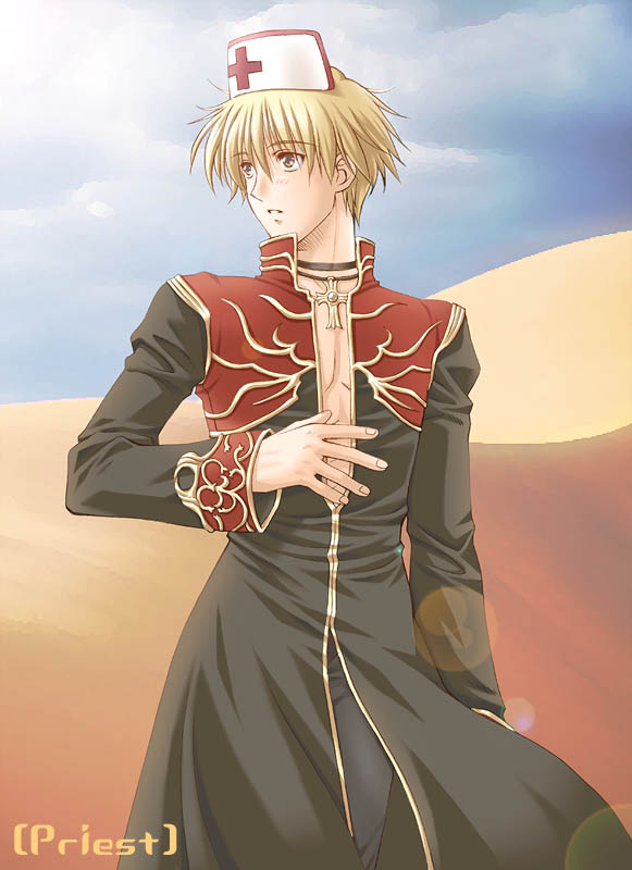 1boy bangs black_coat black_pants blonde_hair blue_sky blush character_name cloud coat commentary_request cowboy_shot cross cross_necklace day desert eyebrows_visible_through_hair hair_between_eyes hat jewelry kuroda_akimi long_sleeves looking_afar male_focus necklace nurse_cap open_clothes open_coat outdoors pants parted_lips priest_(ragnarok_online) ragnarok_online red_coat short_hair sky solo two-tone_coat yellow_eyes
