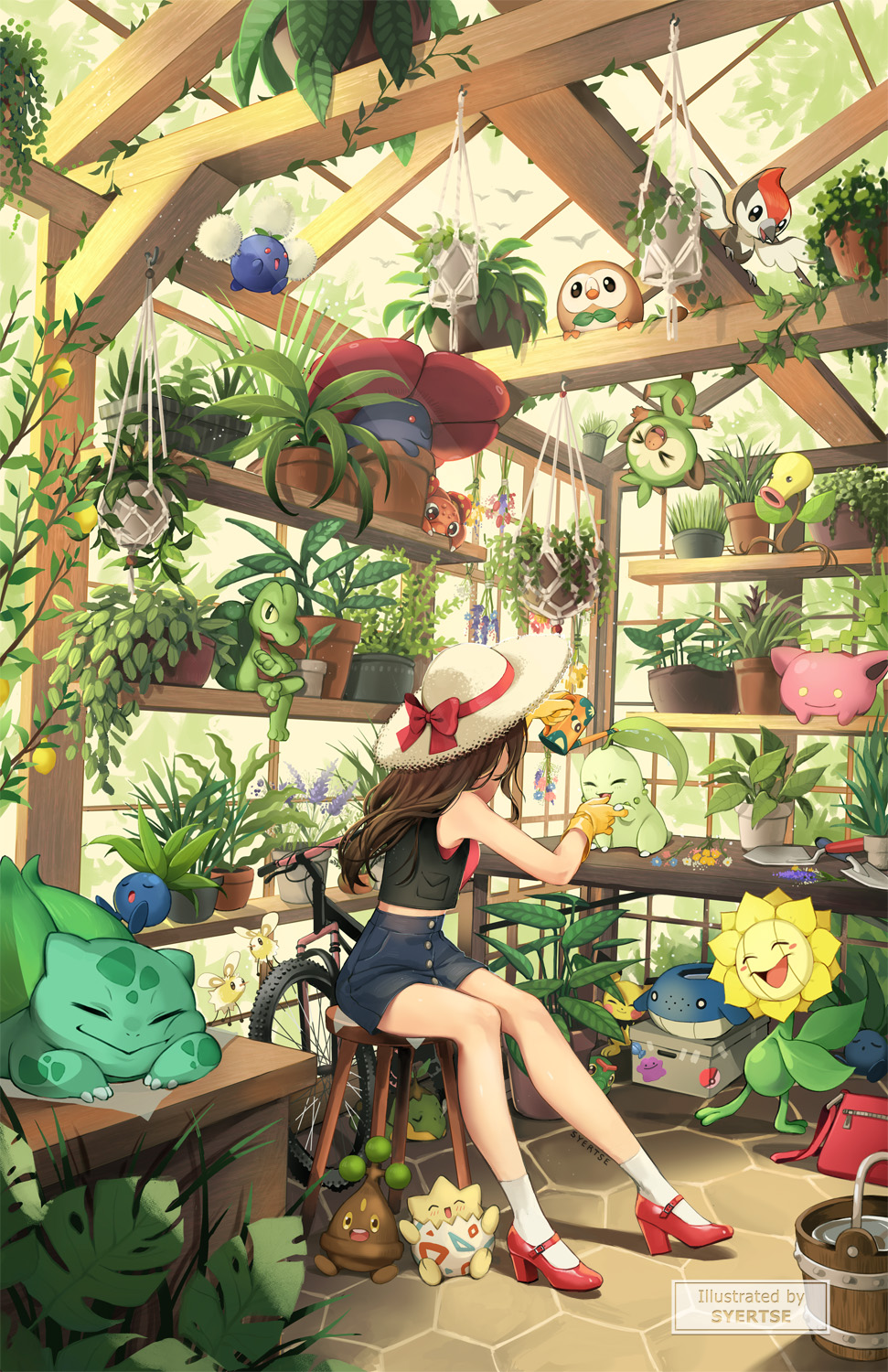 1girl bellsprout bird bonsly brown_gloves brown_hair bucket bulbasaur caterpie cutiefly ditto flower gen_1_pokemon gen_2_pokemon gen_3_pokemon gen_4_pokemon gen_7_pokemon gen_8_pokemon gloves greenhouse grookey hat high-waist_shorts high_heels highres hoppip jumpluff oddish paras pichu pikipek plant pokemon pokemon_(creature) potted_plant red_footwear rowlet shoebox short_shorts shorts sitting sleeveless smile sticker stool straw_hat sunflora syertse togepi treecko turtwig vest vileplume wailmer water watering_can