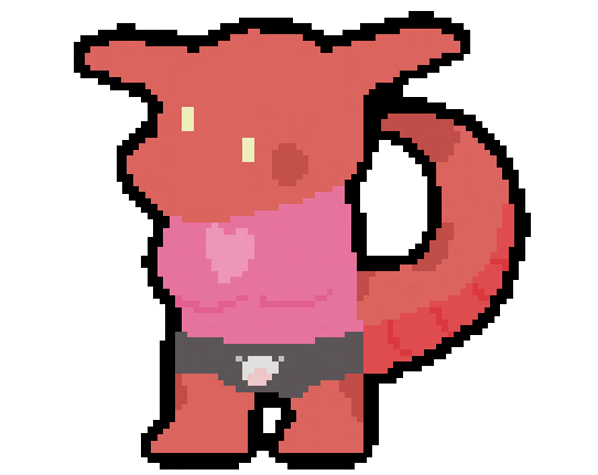 anthro bovid bovine cattle clothing cow_panties digital_media_(artwork) heart_shirt kobold kowbold male mammal pink_clothing pink_shirt pink_topwear pixel pixel_(artwork) pixelated red_body red_scales scales shirt solo spots tail_curl topwear yellow_eyes zed_(scales)