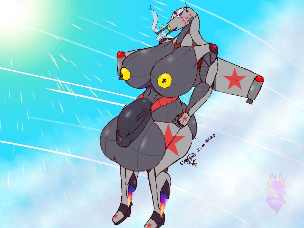 aircraft airplane anthro balls big_balls big_breasts breasts genitals herm huge_balls hyper hyper_balls hyper_genitalia intersex krasnyy_sadovnik living_aircraft living_machine living_vehicle machine nude omegaterasu_(artist) solo twin_cocks two_cocks vehicle