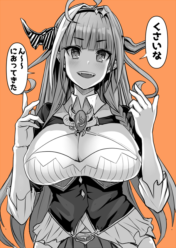 1girl ahoge bangs blunt_bangs bow braid breasts cleavage cleavage_cutout clothing_cutout commentary_request diagonal-striped_bow dragon_horns fangs greyscale hairband hololive horn_bow horns kiryu_coco large_breasts long_hair monochrome orange_background pointy_ears solo translation_request upper_body very_long_hair virtual_youtuber yukinojou_yakan