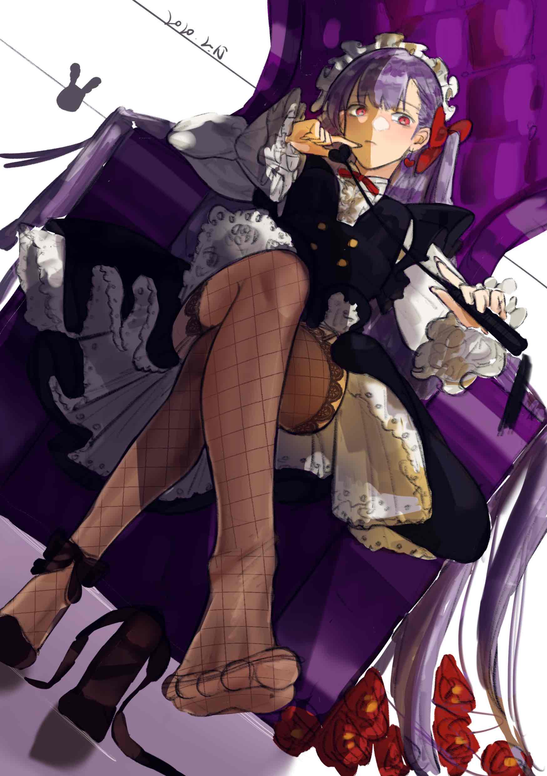 1girl absurdres apron bb_(fate) bb_(fate)_(all) black_dress chair crossed_legs dress fate/grand_order fate_(series) fishnet_legwear fishnets high_heels highres holding holding_whip long_hair looking_at_viewer maid maid_apron purple_eyes purple_hair ribbon simple_background sitting solo whip white_background yolanda