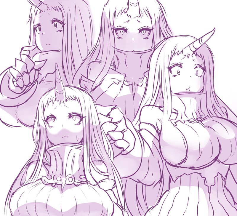1girl abyssal_ship breasts claws detached_sleeves dress greyscale horns kantai_collection large_breasts long_hair monochrome pink_theme ribbed_dress seaport_princess single_horn solo sweatdrop yukinojou_yakan