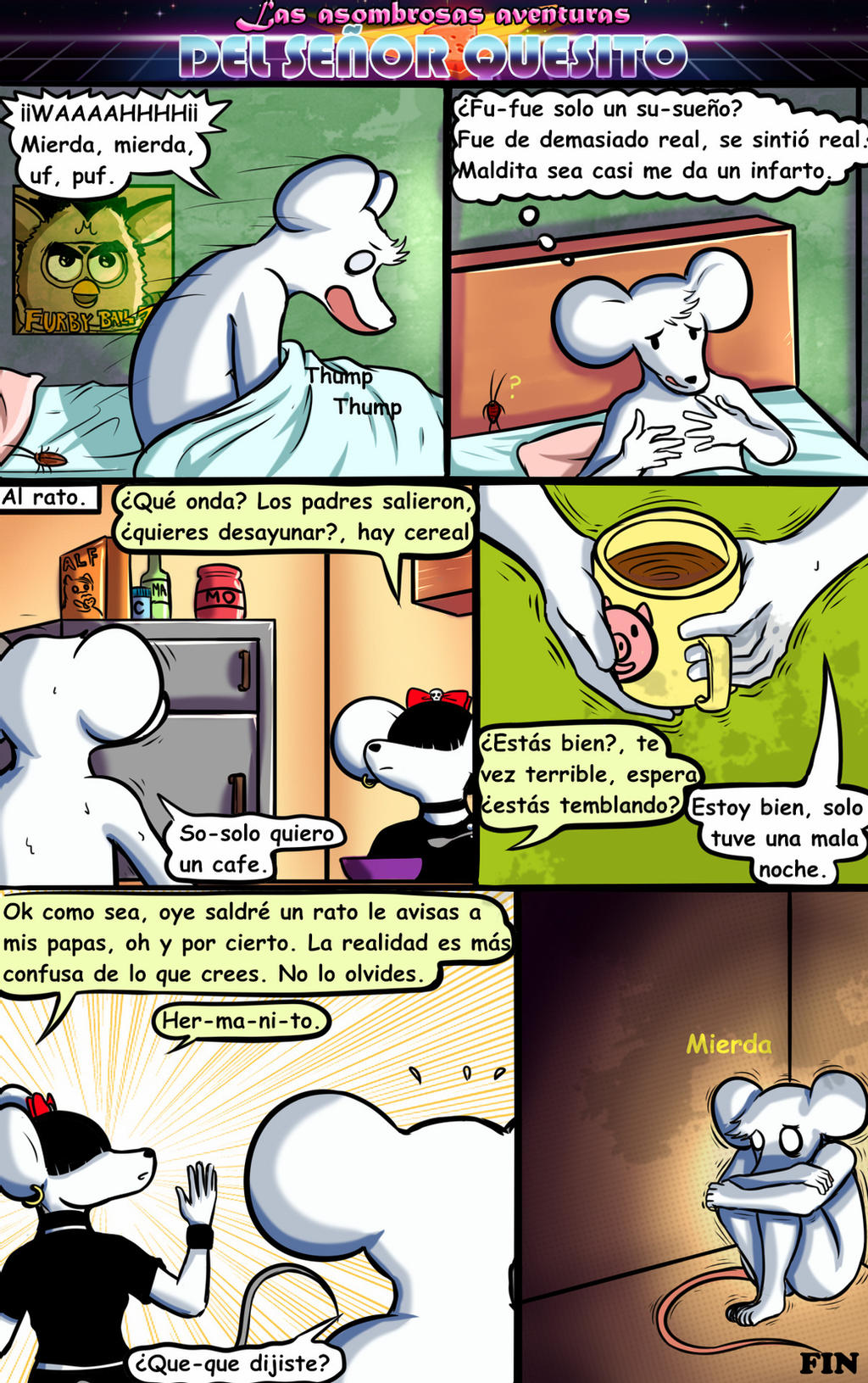 ? anthro bed bedroom beverage black_hair bow_(knot) bowl_cut clothed clothing coffee comic dialogue duo female fur furby_(species) furniture hair hi_res looking_back maasdam_(zentagas) male mammal mouse murid murine nude pillow quesito_(zentagas) rodent spanish_text text translation_request white_body white_fur zentagas