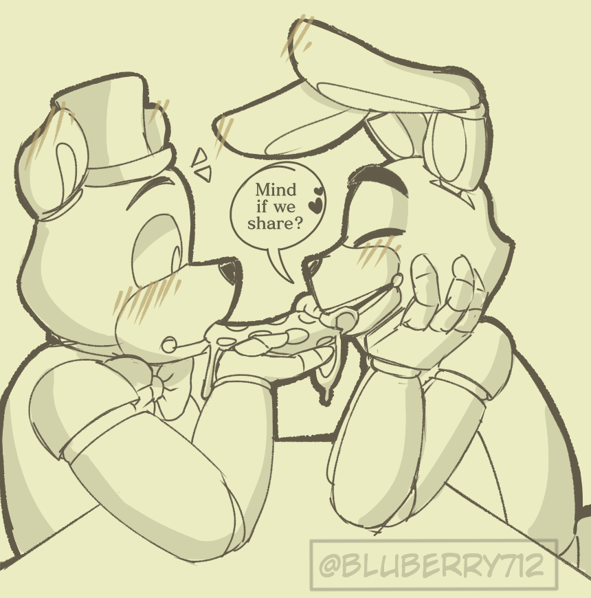 &lt;3 2021 ? animatronic anthro big_ears black_nose bluberry712 blush bow_tie cheese close-up clothing crust dairy_products dialogue duo eating eating_food english_text eyes_closed five_nights_at_freddy's five_nights_at_freddy's_4 food fredbear_(fnaf) furniture hand_on_face hand_on_head happy hat headgear headwear holding_food holding_object lagomorph leporid long_ears looking_down machine male male/male mammal pepperoni pepperoni_pizza pizza pizza_crust question rabbit robot round_ears sitting sketch smile speech_bubble spring_bonnie_(fnaf) surprised_expression table text top_hat ursid video_games white_body white_eyes white_tail