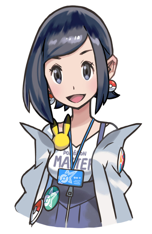 1girl badge black_eyes black_hair blue_skirt blush body_blush breasts button_badge character_badge clothes_writing collarbone copyright_name earrings gen_1_pokemon gen_2_pokemon hair_behind_ear id_card jacket jewelry kana_(pokemon) medium_breasts off_shoulder official_art open_clothes open_jacket open_mouth pikachu poke_ball_earrings poke_ball_print poke_ball_symbol poke_ball_theme pokemon pokemon_(game) pokemon_masters_ex porygon2 shiny shiny_hair shirt skirt smile solo star_(symbol) star_print suspender_skirt suspenders tongue upper_body white_background white_jacket white_shirt zipper_pull_tab