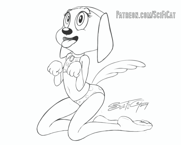 5:4 animated anthro begging begging_pose bikini brandy_and_mr._whiskers brandy_harrington canid canine clothing collar disney female kneeling mammal monochrome pose scificat short_playtime solo swimwear tailwag tongue tongue_out