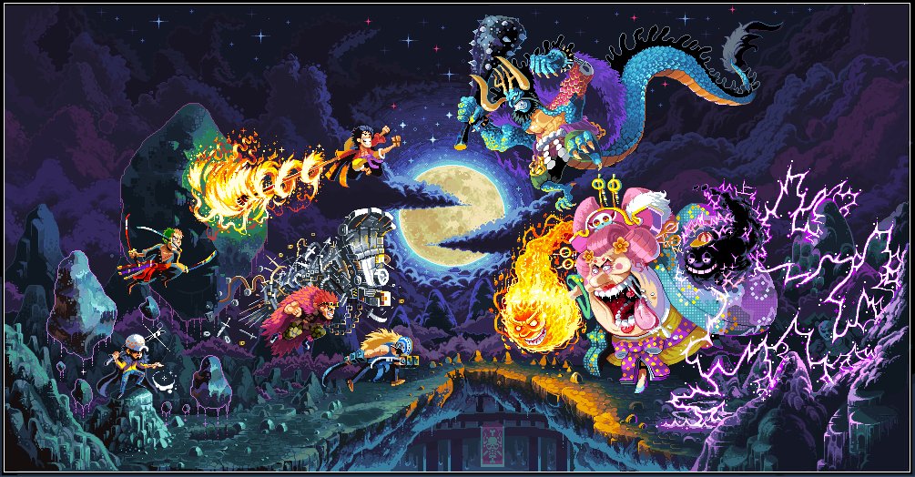 1girl 6+boys alternate_form arm_tattoo black_hair blonde_hair charlotte_linlin clenched_teeth cloud club coat coat_on_shoulders dragon_boy dragon_horns dragon_tail dual_wielding eleven_supernova eustass_captain_kid evil_smile fire floating floating_object full_moon green_hair grin hat height_difference holding holding_sword holding_weapon horns japanese_clothes kaidou_(one_piece) kanabou killer_(one_piece) kimono lightning lipstick long_hair makeup mask monkey_d._luffy moon multiple_boys napoleon_(one_piece) neorice night old old_woman one_piece pants pink_hair pirate_hat prometheus_(one_piece) red_hair roronoa_zoro saliva short_hair shorts size_difference sky smile spikes spoilers star_(sky) starry_sky sword tail tattoo teeth tongue tongue_out trafalgar_law vest weapon zeus_(one_piece)