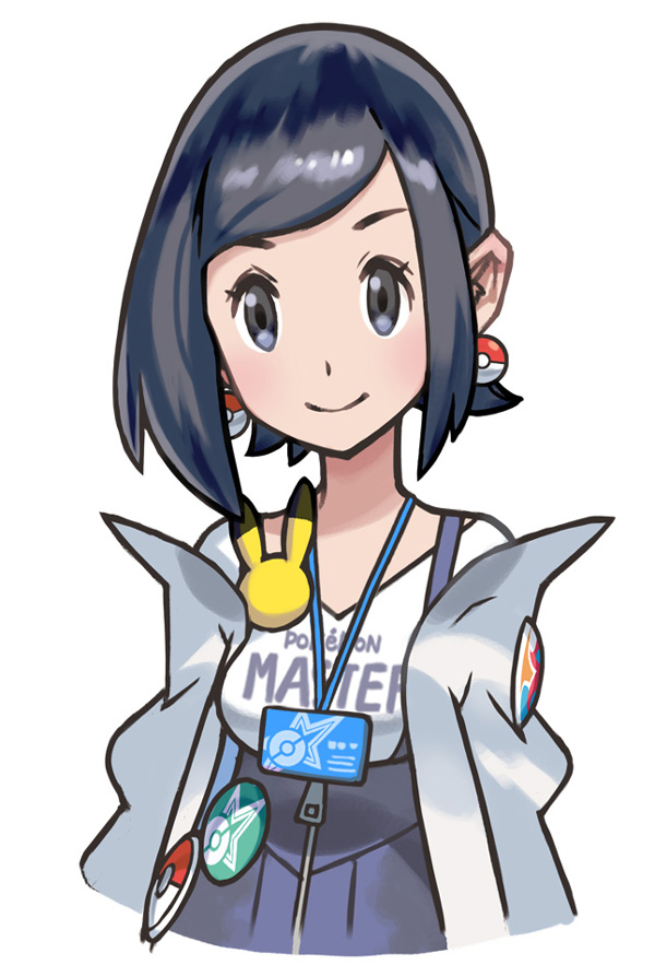 1girl badge black_eyes black_hair blue_skirt blush body_blush breasts button_badge character_badge clothes_writing collarbone copyright_name earrings gen_1_pokemon gen_2_pokemon hair_behind_ear id_card jacket jewelry kana_(pokemon) medium_breasts off_shoulder official_art open_clothes open_jacket pikachu poke_ball_earrings poke_ball_print poke_ball_symbol poke_ball_theme pokemon pokemon_(game) pokemon_masters_ex porygon2 shiny shiny_hair shirt skirt smile solo star_(symbol) star_print suspender_skirt suspenders upper_body white_background white_jacket white_shirt zipper_pull_tab