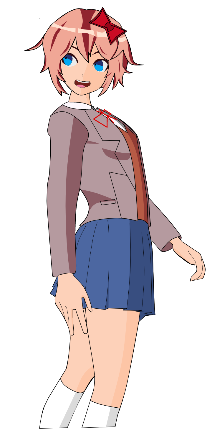 1girl bangs blazer blue_eyes blue_skirt bow breasts cowboy_shot deviantjam doki_doki_literature_club eyebrows_behind_hair from_side grey_jacket hair_between_eyes hair_bow highres jacket legs long_sleeves looking_back looking_to_the_side miniskirt neck_ribbon open_mouth orange_vest pink_hair pleated_skirt red_bow red_headwear red_neckwear red_ribbon ribbon sayori_(doki_doki_literature_club) school_uniform shiny shiny_hair shirt short_hair skirt small_breasts solo standing tongue transparent_background upper_teeth vest white_legwear white_shirt wing_collar
