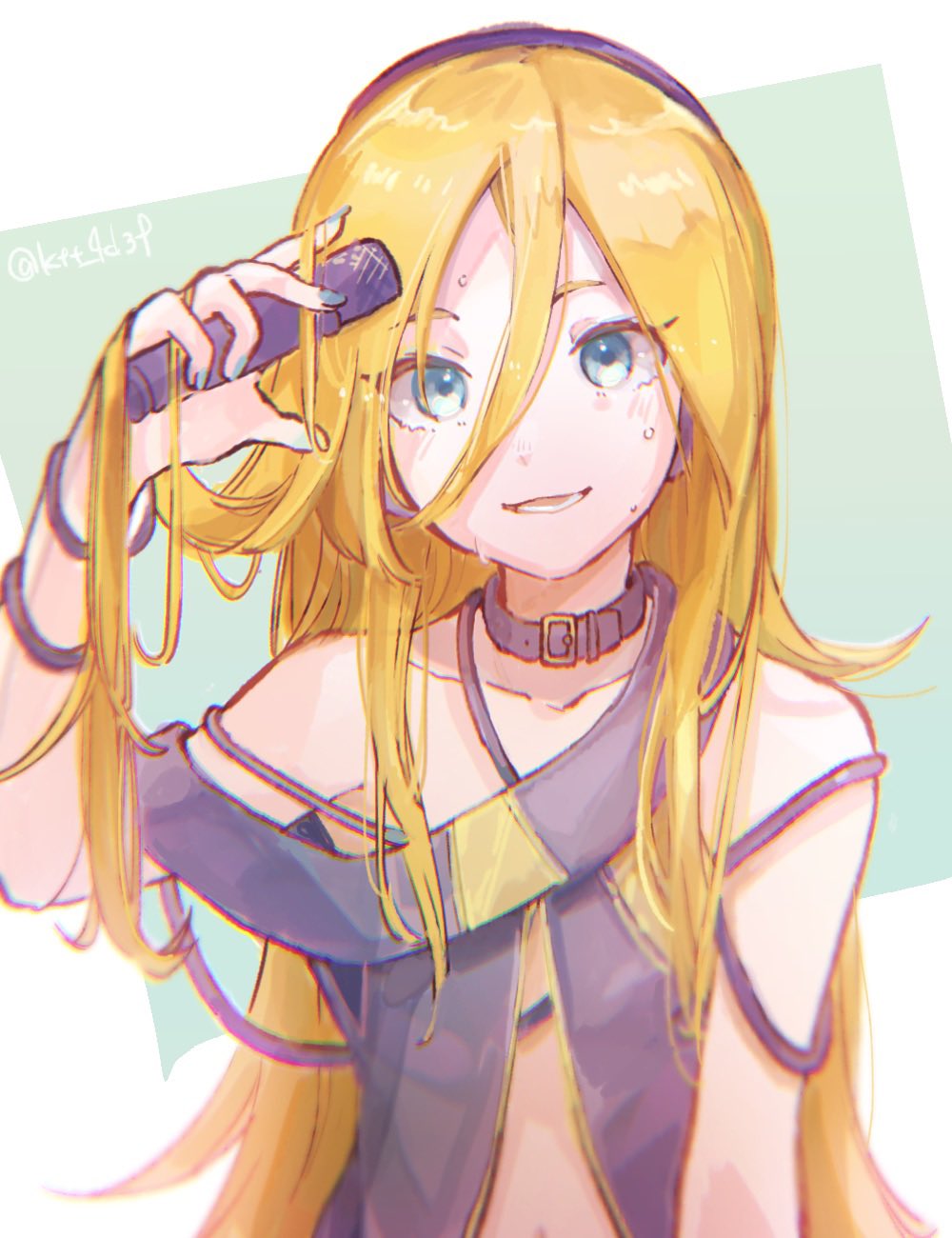 1girl aqua_nails belt_collar black_shirt blonde_hair blue_eyes bracelet collar commentary hand_up highres holding holding_microphone jewelry lily_(vocaloid) long_hair looking_at_viewer mi_no_take microphone nail_polish navel open_mouth shirt smile solo sweat twitter_username upper_body very_long_hair vocaloid
