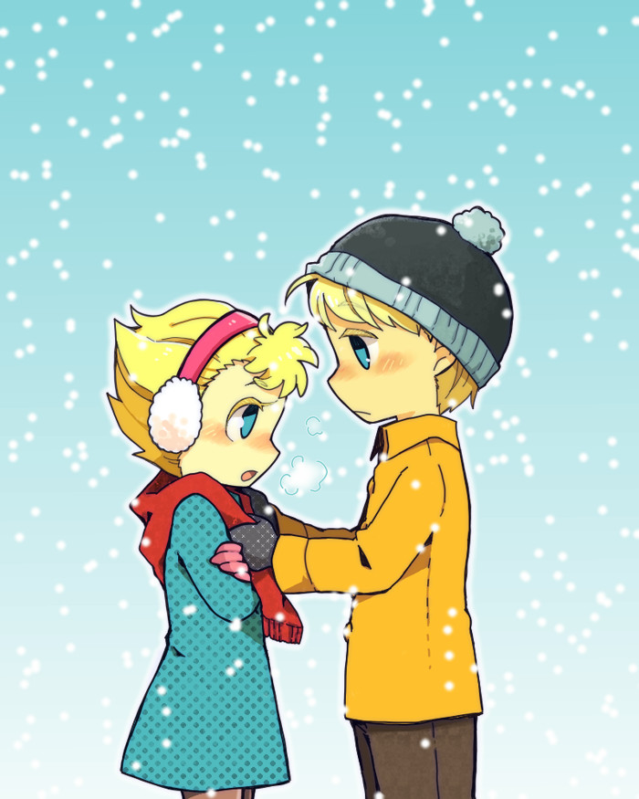 1boy 1girl adjusting_another's_clothes adjusting_scarf beanie blonde_hair blue_eyes brother_and_sister charlie_brown coat dress earmuffs gloves haku_le hat peanuts sally_brown scarf short_hair siblings snow winter winter_clothes winter_coat