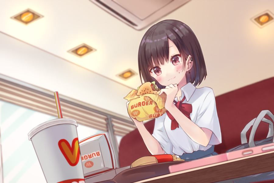 1girl amagasa_nadame bag bangs black_hair blue_skirt blush bow brand_name_imitation breasts brown_eyes closed_mouth collared_shirt commentary_request cross cross_earrings cup disposable_cup drinking_straw ear_piercing earrings employee_uniform eyebrows_visible_through_hair fast_food_uniform food food_on_face french_fries hamburger holding holding_food indoors jewelry mcdonald's original piercing pleated_skirt red_bow school_bag school_uniform shirt short_sleeves sitting skirt small_breasts solo table uniform white_shirt window