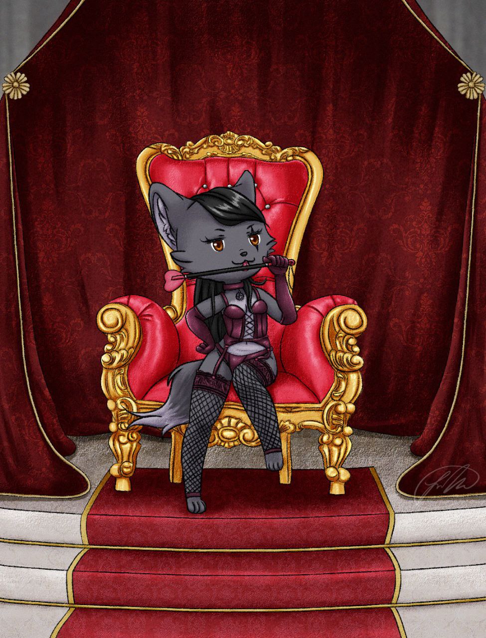 4_toes anthro black_hair black_nose bottomwear breasts brown_eyes canid canine canis chair chibi classy clothed clothing collar detailed_background eyebrows feet female fingers front_view fur furniture gloves grey_body grey_fur hair handwear hi_res holding_object jusis_moon_(artist) legwear licking lingerie long_hair lucy_lindewolf mammal multicolored_body multicolored_fur panties pose red_carpet red_curtains riding_crop sitting solo stockings thigh_highs throne toes tongue tongue_out topwear two_tone_body two_tone_fur two_tone_tail underwear whip wolf