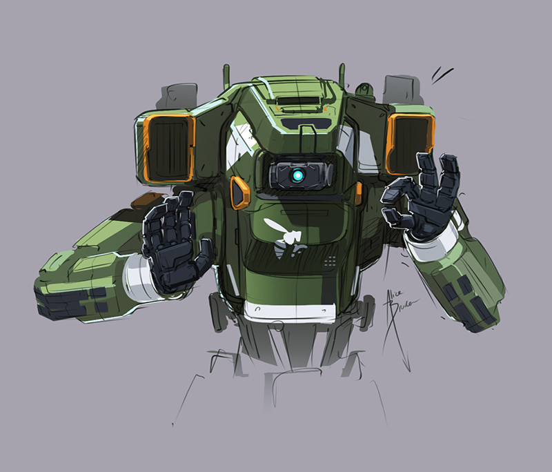 a_motorcycle_with_teeth blue_eyes bt-7274 english_commentary grey_background looking_to_the_side mecha meme no_humans ok_sign one-eyed open_hand pacha_meme science_fiction solo the_emperor's_new_groove titanfall_(series) titanfall_2 upper_body