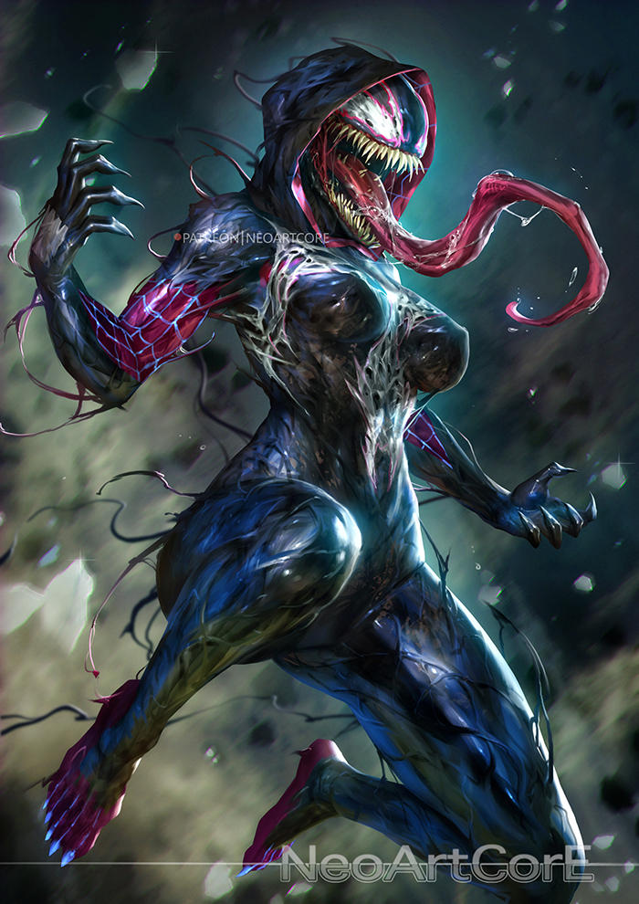 1girl ann_weying artist_name blurry blurry_background breasts character_request check_character claws hood hood_up large_breasts lips long_tongue marvel neoartcore open_mouth patreon_username saliva sharp_teeth she-venom solo spider-man_(series) symbiote teeth tongue watermark