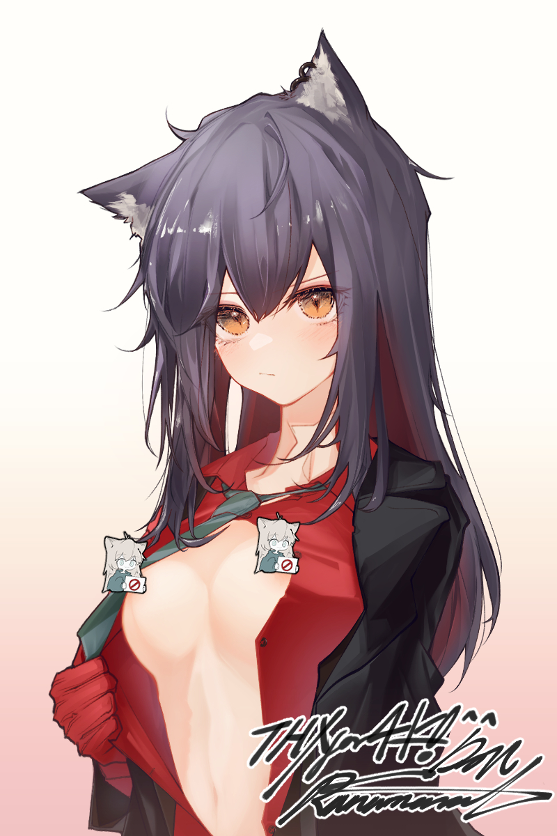 1girl animal_ear_fluff animal_ears arknights bangs black_hair black_jacket black_neckwear breasts brown_eyes censored character_censor commentary_request gloves hair_between_eyes highres jacket korean_commentary lappland_(arknights) long_hair long_sleeves looking_at_viewer medium_breasts navel necktie novelty_censor official_alternate_costume open_clothes open_shirt ponytail red_gloves red_shirt runamonet shirt signature solo texas_(arknights) texas_(willpower)_(arknights) upper_body wolf_ears wolf_girl
