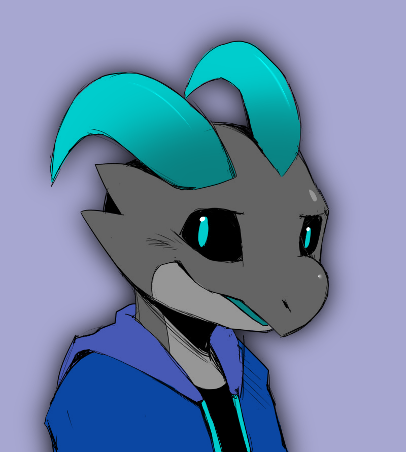 anthro black_eyes blue_eyes clothed clothing collaboration grey_body grey_skin hoodie horn kobold looking_at_viewer male milachu92 portrait reptile scalie scar side_b solo topwear yamatokuroko965