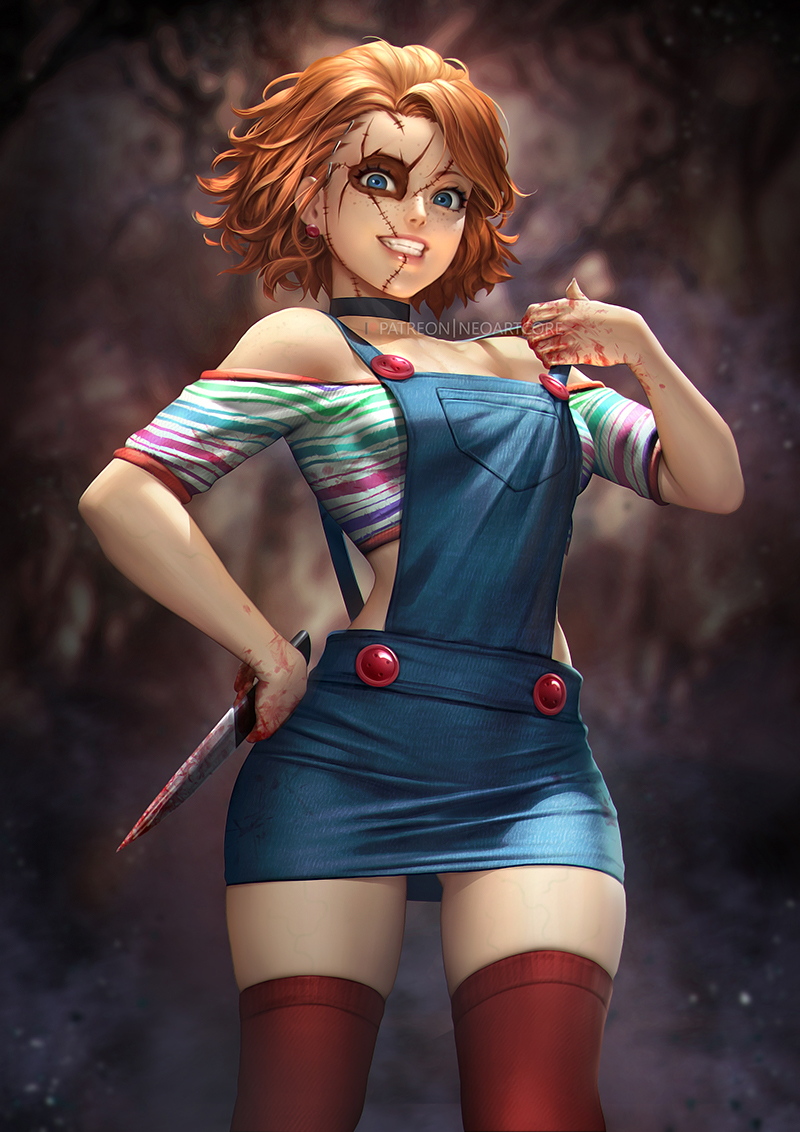 1girl blood bloody_hands blue_eyes blurry blurry_background breasts child's_play choker chucky crop_top earrings evil_smile genderswap genderswap_(mtf) hand_up holding holding_knife jewelry knife looking_at_viewer neoartcore off-shoulder_shirt off_shoulder orange_hair overall_skirt overalls_pull parted_lips print_shirt red_legwear shirt short_hair smile stitched_face striped striped_shirt thighhighs underwear
