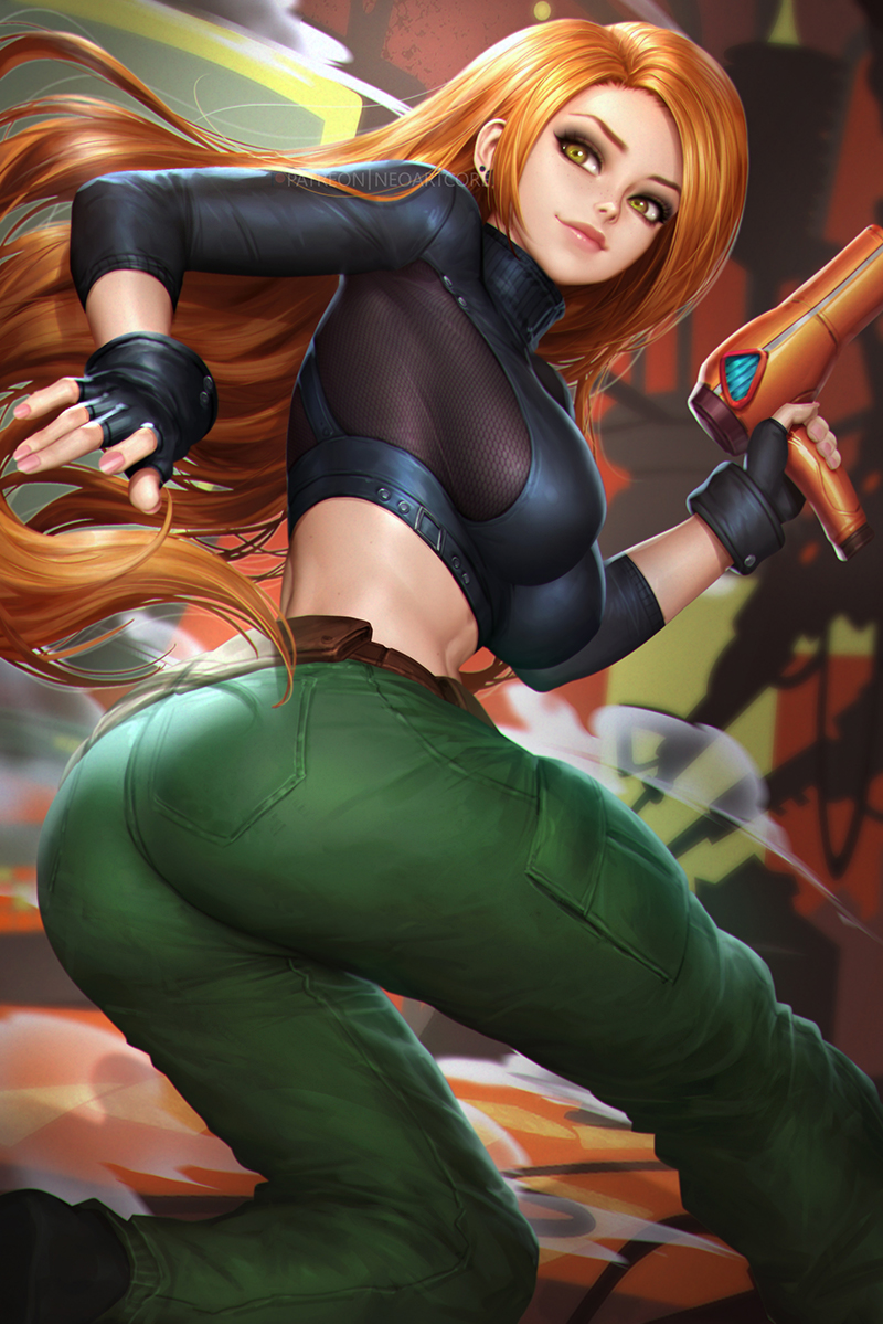 1girl ass belt black_footwear black_gloves black_tank_top breasts brown_belt cargo_pants closed_mouth crop_top english_commentary gloves green_eyes green_legwear green_pants hair_dryer kim_possible kimberly_ann_possible neoartcore orange_hair pants pink_nails shoes side_part sideboob smile tank_top