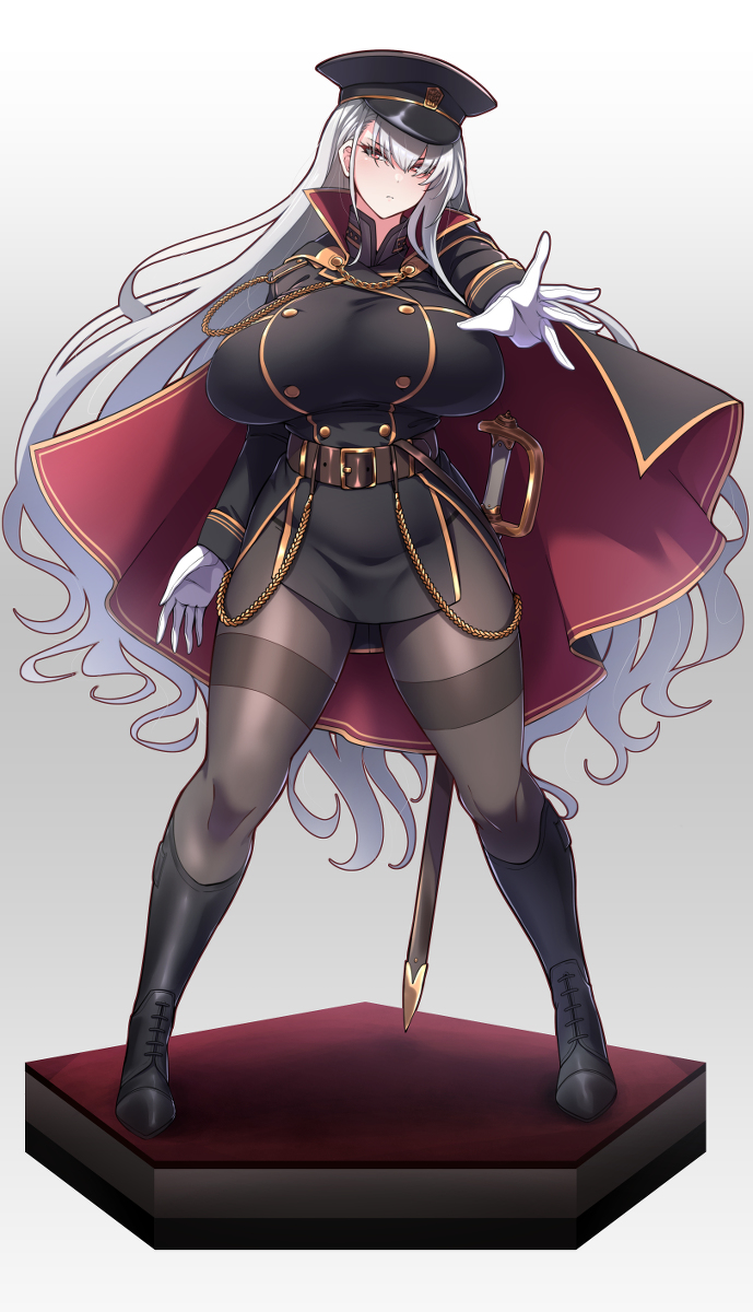 belt black_clothes breasts cape gloves hat highres huge_breasts konoshige_(ryuun) long_hair looking_at_viewer military military_hat military_jacket military_uniform original pantyhose sheath simple_background slender_waist sword thick_thighs thighs uniform very_long_hair weapon white_background white_hair wide_hips