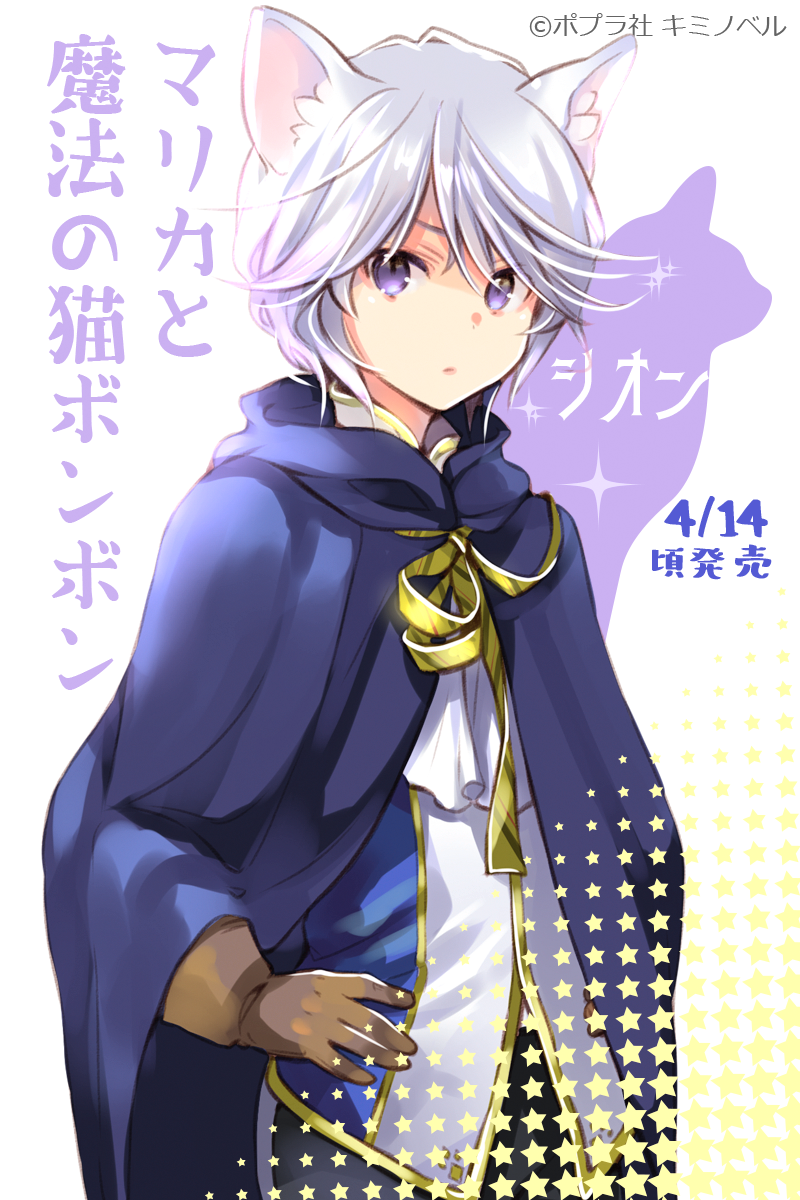 1boy animal_ears brown_gloves cape cat cat_ears closed_mouth copyright_request cowboy_shot gloves gradient_hair grey_hair hand_on_hip highres kuga_tsukasa looking_at_viewer medium_hair multicolored_hair purple_cape purple_eyes solo sparkle