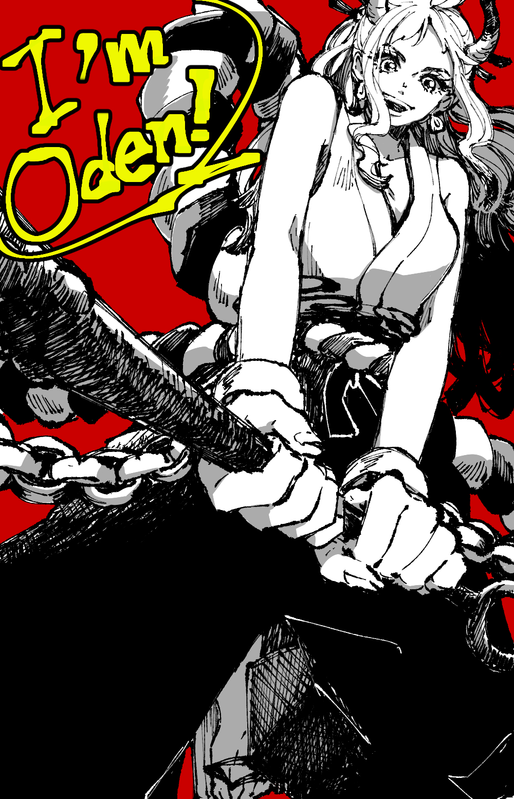1girl :d bare_arms bare_shoulders chain club cuffs curled_horns earrings english_text fingernails geta greyscale hair_ornament hair_stick hakama highres holding holding_weapon horns japanese_clothes jewelry kanabou kataginu long_hair looking_at_viewer monochrome multicolored_horns one_piece oni open_mouth red_background rope shackles shimenawa simple_background smile solo speech_bubble spot_color toes weapon yamato_(one_piece) zhi_(okkyoyo)