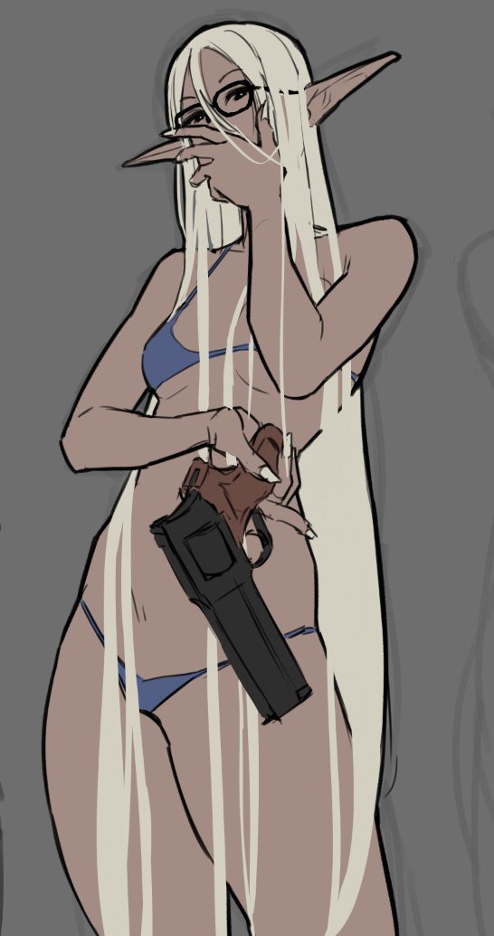 bikini black-framed_eyewear blue_bikini breasts covered_mouth covering_mouth dark_elf dark_skin dark_skinned_female elf eu03 fingernails flat_color glasses grey_background gun hand_over_own_mouth handgun holding holding_gun holding_weapon long_fingernails long_hair long_pointy_ears looking_at_viewer original pistol platinum_blonde_hair pointy_ears revolver sketch small_breasts standing swimsuit very_long_hair weapon