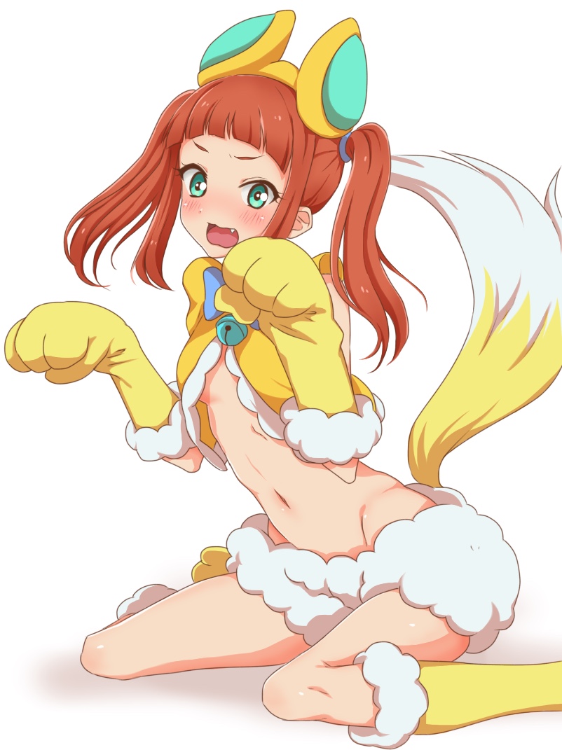 1girl aikatsu!_(series) aikatsu_stars! animal_costume animal_ears aqua_eyes bangs bell blouse blue_bow blunt_bangs blush boots bow bowtie breasts embarrassed fake_animal_ears fake_tail fang fox_costume fox_ears fox_tail frilled_blouse fur-trimmed_footwear fur-trimmed_gloves fur_trim gloves groin knee_boots kumahubuki long_hair looking_at_viewer midriff navel neck_bell no_bra nose_blush open_mouth orange_hair paw_gloves paw_pose paws saotome_ako shadow shiny shiny_hair shiny_skin simple_background sitting sleeveless_blouse small_breasts solo stomach tail twintails underboob v-shaped_eyebrows wariza white_background wool_shorts yellow_blouse yellow_footwear