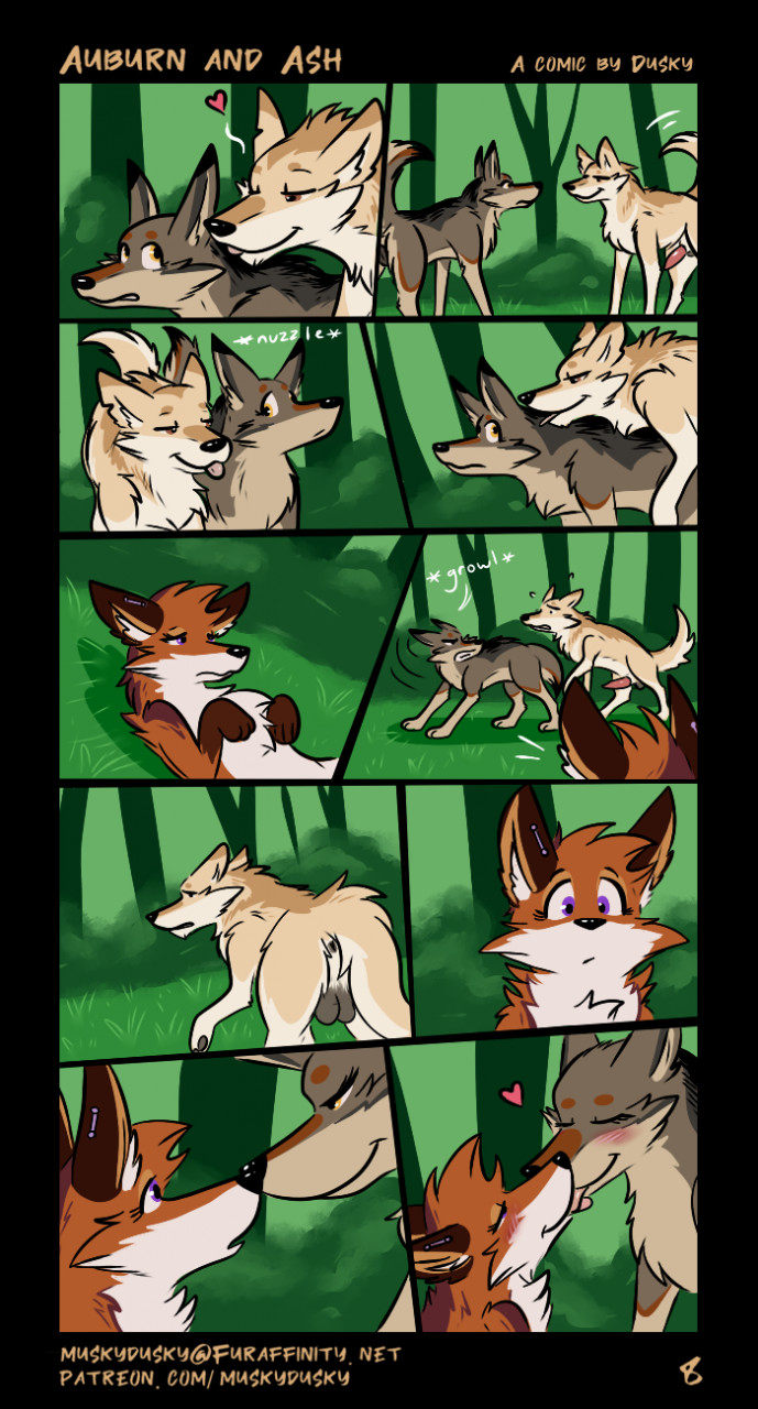 amber_eyes anus aspen_(muskydusky) balls blush brown_body brown_fur canid canine canis cockblock comic coyote female female/female feral feral_on_feral forest fox fur genitals group hi_res kissing male male/female mammal muskydusky orange_body orange_fur outside penis plant purple_eyes rejection rowan_(muskydusky) tan_body tan_fur tree white_body white_fur wolf yellow_eyes