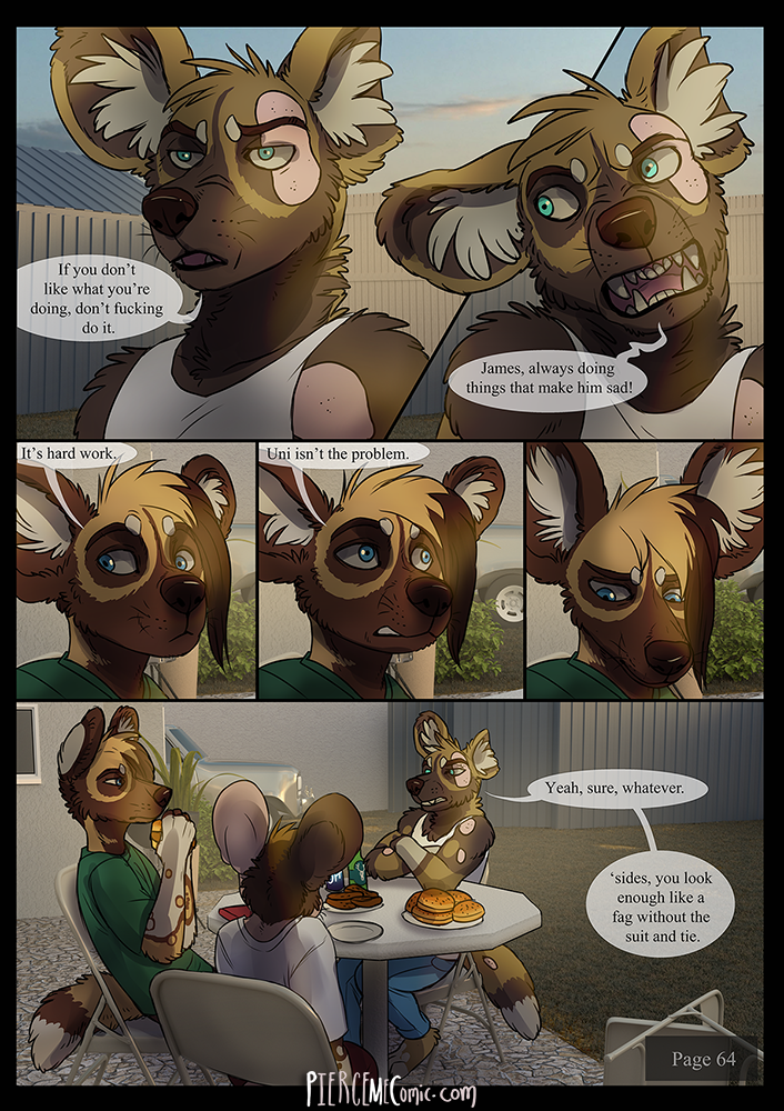african_wild_dog anthro bald brown_body brown_fur burger canid canine chair clothing comic comic_page dialogue english_text food fur furniture garden green_t-shirt group james_(sayuncle) male mammal sayuncle shirt speech_bubble t-shirt table tank_top text the_rat topwear