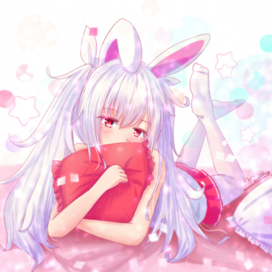 1girl animal_ears azur_lane bed bed_sheet bunny_ears commentary_request covering_mouth hair_ribbon head_tilt kemonomimi_mode laffey_(azur_lane) long_hair looking_at_viewer lying m_ko_(maxft2) on_stomach pantyhose pillow pillow_hug red_eyes red_skirt ribbon skirt solo twintails white_hair white_legwear