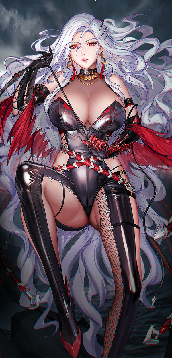 1girl armor armpits ass bare_shoulders belt boots breasts choker cleavage collarbone demon_slayer_(dungeon_and_fighter) dungeon_and_fighter earrings elbow_gloves eyebrows eyelashes female_slayer_(dungeon_and_fighter) gloves highres holding holding_whip jewelry large_breasts leather leather_boots leather_gloves long_hair necklace red_eyes shoulder_armor solo torn_clothes tsuki_no_i-min whip white_hair