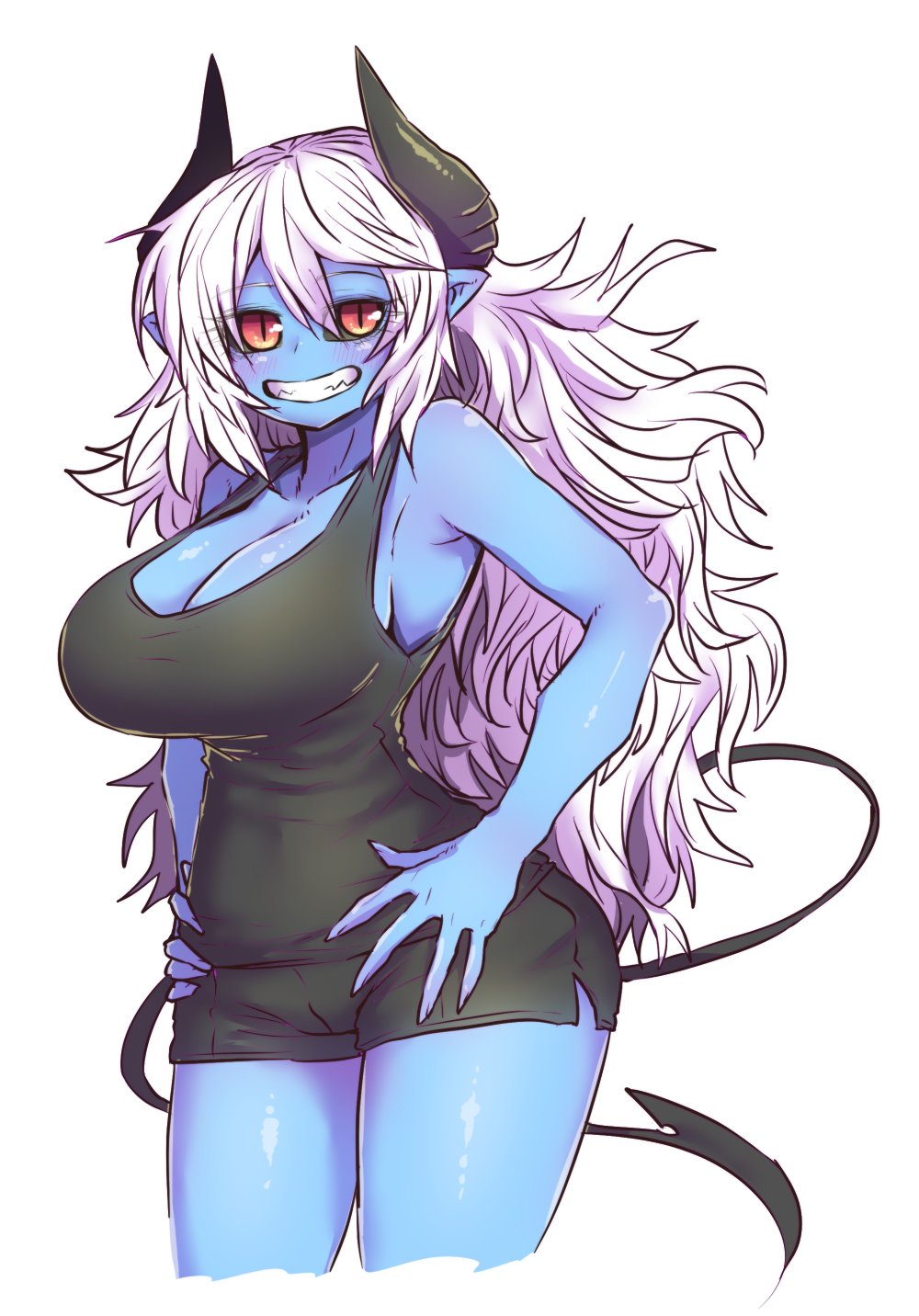 1girl alternate_costume aoi_hada_no_ten'in_to_shiawasena_tomodachi black_horns black_sclera black_shorts black_tank_top blue_skin blush breasts cleavage colored_sclera colored_skin cropped_legs demon_girl demon_horns hands_on_hips highres horns juugoya_(zyugoya) koike_(aoi_hada_no_ten'in_to_shiwasena_tomodachi) large_breasts long_hair looking_at_viewer red_eyes sharp_teeth shorts smile tank_top teeth thighs white_background white_hair