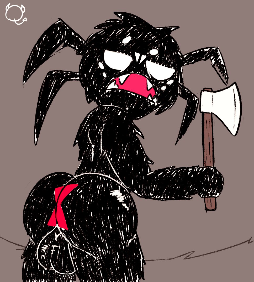 arachnid araneomorph arthropod axe backsack balls black_body black_fur black_widow_spider brown_background butt don't_starve fangs frown fur genitals holding_object holding_weapon klei_entertainment looking_at_viewer looking_back male melee_weapon multi_eye narrowed_eyes nude open_mouth quivster rear_view sack simple_background solo spider theridiid video_games weapon webber widow_spider