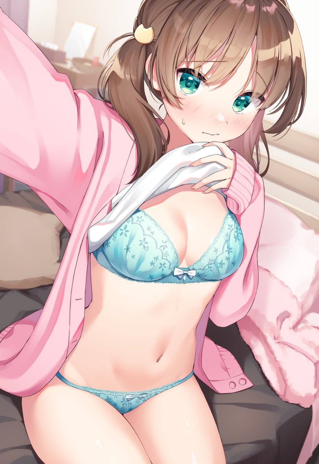 1girl aqua_bra aqua_panties bangs blush bra breasts brown_hair cardigan cat_hair_ornament cleavage commentary_request copyright_request cowboy_shot embarrassed eyebrows_visible_through_hair green_eyes hair_ornament highres lifted_by_self long_hair long_sleeves looking_at_viewer medium_breasts muninshiki navel on_bed open_cardigan open_clothes panties pink_cardigan selfie shirt_lift sitting solo stomach twintails underwear wavy_mouth