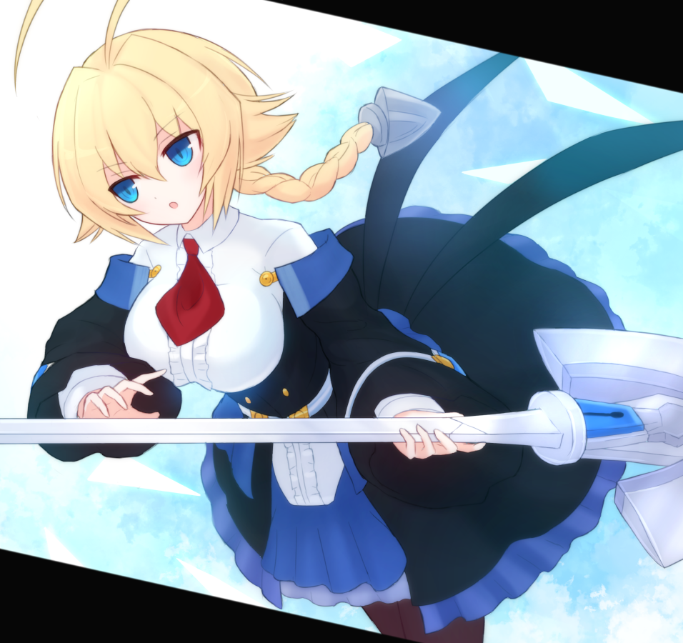 1girl :o ahoge bangs blazblue blonde_hair blue_eyes braid breasts brown_legwear center_frills collared_shirt es_(xblaze) eyebrows_visible_through_hair frills hair_between_eyes huge_ahoge large_breasts long_hair long_sleeves necktie open_mouth pantyhose red_neckwear shirt single_braid skirt solo suta_(clusta) underbust white_shirt xblaze xblaze_code:_embryo