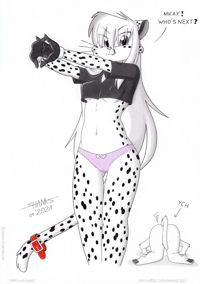 anthro belly breasts butt camel_toe cheetah clothed clothing collar felid feline felis female fur gloves hair handwear humor long_hair mammal navel nude panties panty_shot paws solo spots spotted_body spotted_fur tirashanks_(artist) toony under_boob underwear vanilla_(tirashanks)