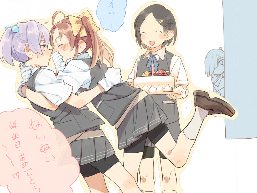 4girls ahoge bangs bike_shorts birthday_cake black_hair blue_neckwear blush cake closed_eyes covering_mouth d.y.x. food gloves grey_skirt hair_ornament hair_over_one_eye hair_ribbon hairclip hand_over_another's_mouth hayashimo_(kancolle) kagerou_(kancolle) kantai_collection kuroshio_(kancolle) long_hair multiple_girls neck_ribbon outline peeking_out pink_hair pleated_skirt ponytail ribbon shiranui_(kancolle) shirt short_hair short_sleeves shorts_under_shorts simple_background skirt socks sweat translation_request twintails vest white_gloves white_legwear