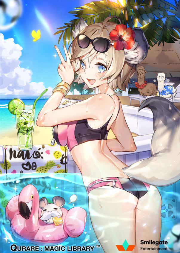 1girl ahoge alpaca animal_ears ass back bare_shoulders beach bikini bird blonde_hair blue_eyes blush breasts bug butterfly chair chinchilla_(animal) chinchilla_ears chinchilla_tail cloud cloudy_sky company_name copyright_name cowboy_shot diffraction_spikes drink eyewear_on_head facial_hair fang flamingo floating flower food from_behind fruit glass hair_between_eyes hawaiian_shirt hibiscus ice ice_cube impossible_clothes impossible_swimsuit inflatable_toy insect jewelry large_breasts lei lens_flare lime_slice looking_at_viewer looking_back lounge_chair lounging mustache nape necklace ocean official_art open_mouth palm_tree partially_submerged pineapple pool poolside qurare_magic_library shirt short_hair sigh sitting sky smile solo_focus sports_bikini sunglasses swimsuit swimwear tail thighs tree two-tone_bikini v water wet whoisshe wrist_cuffs zipper zipper_pull_tab